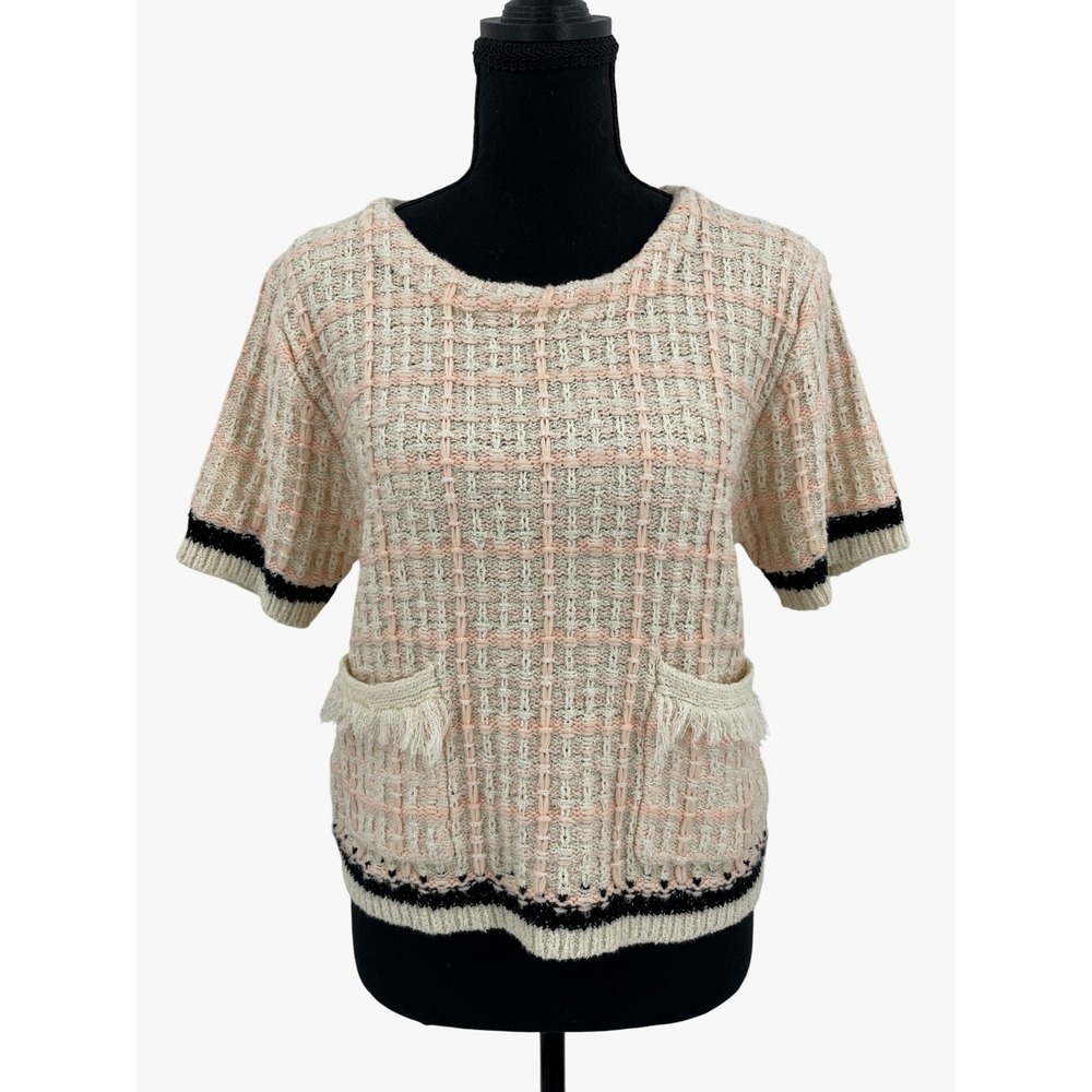 Anthropologie Sweater Womens M Pink Knit Plaid Short Sleeve Fringe Preppy Chic